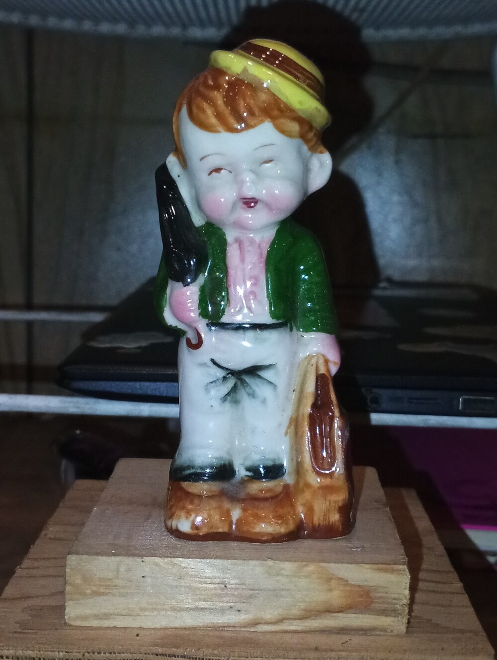 Vintage Ceramic Boy Figurine with Umbrella Hand-Painted Mid-Century Decor